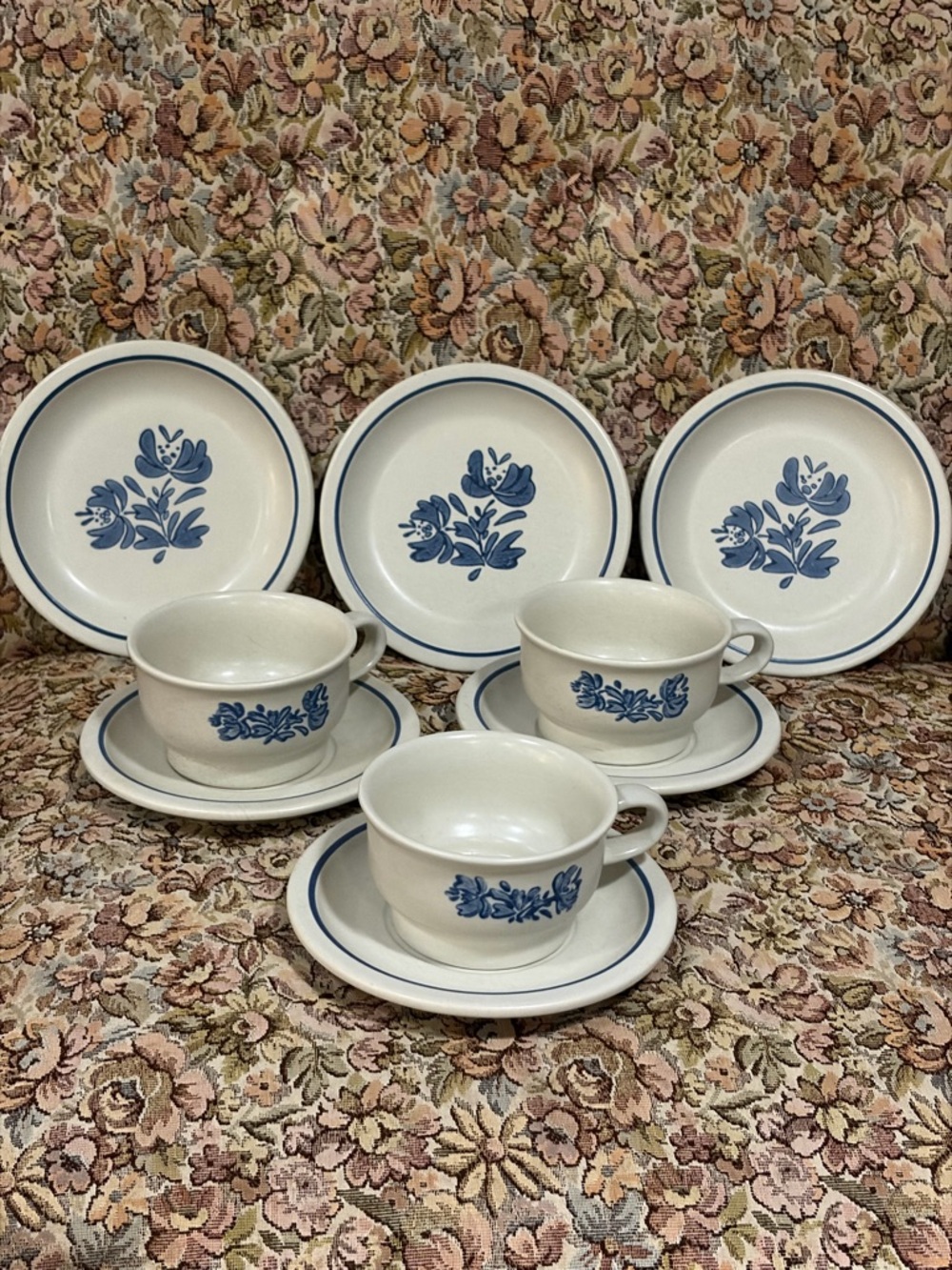 Pfaltzgraff Yorktowne Blue Floral Teacup and Saucer Set - Blue on Cream